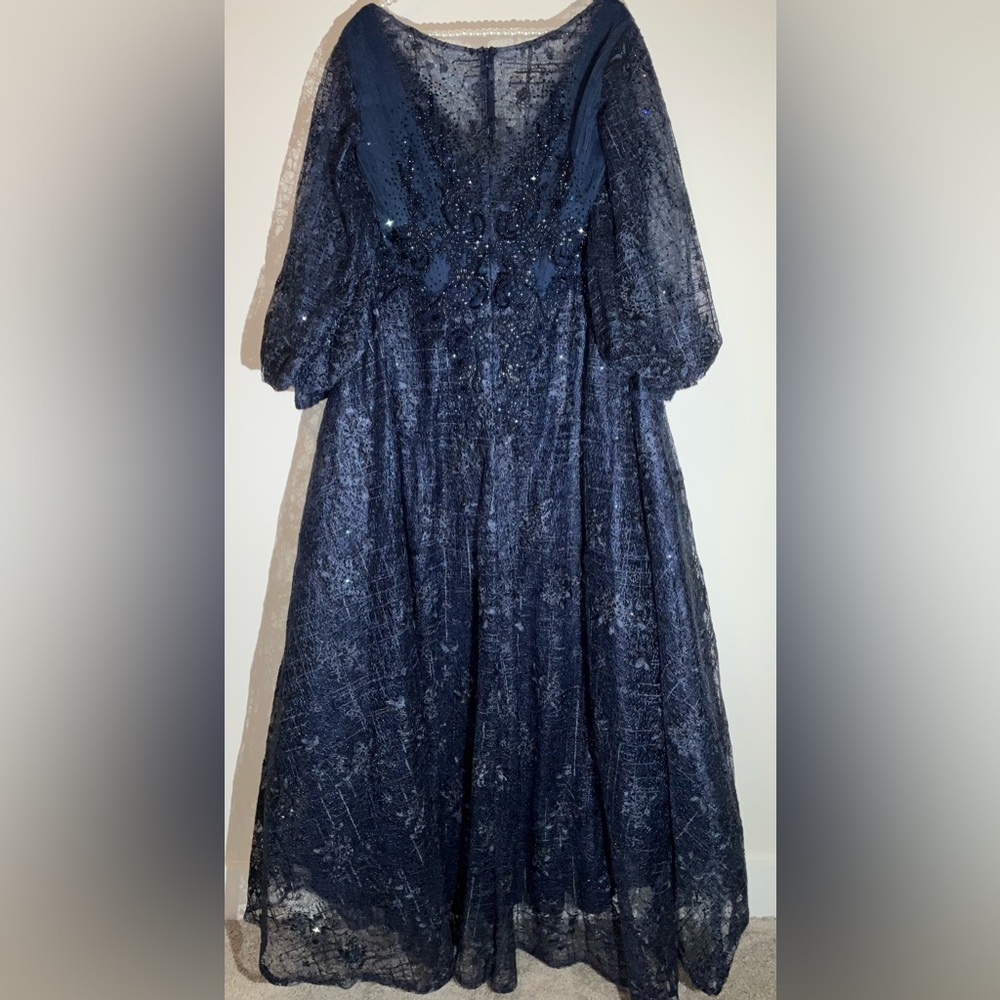 Mac Duggal Navy Blue Beaded Lace Maxi Gown - Picture 10 of 15